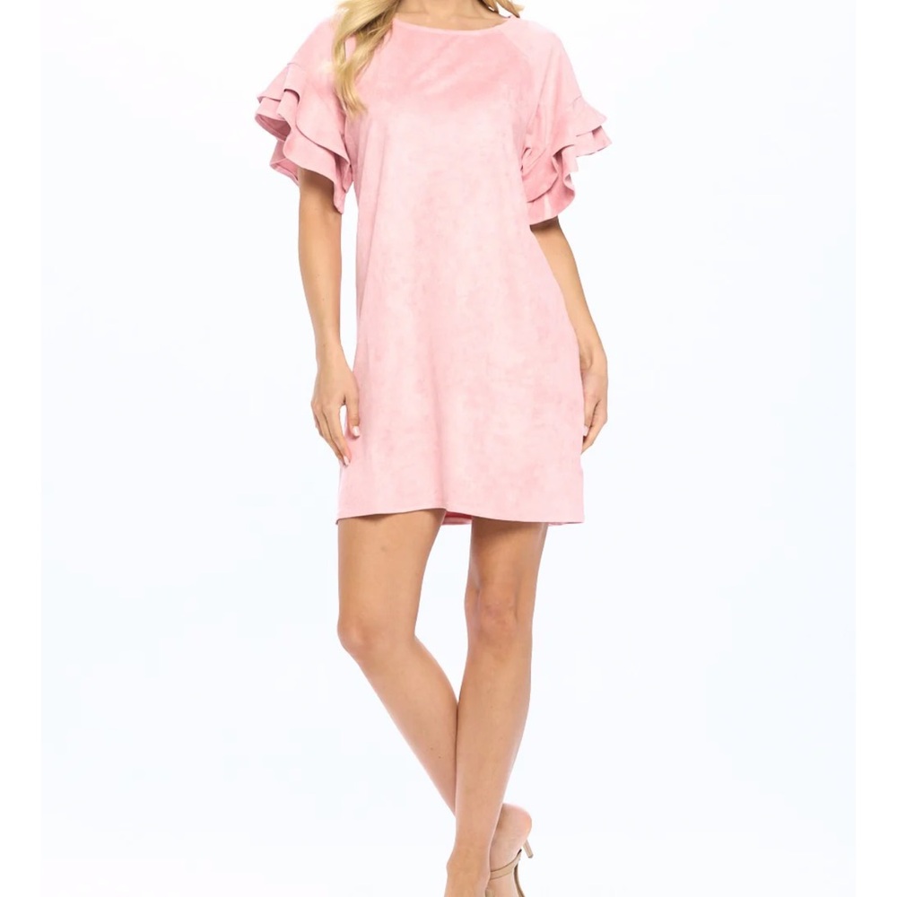 Pink Ruffle sleeve faux suede dress